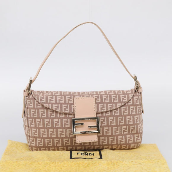 FENDI Zucchino Canvas Mamma Baguette Shoulder Bag Beige Gold Auth 215525V