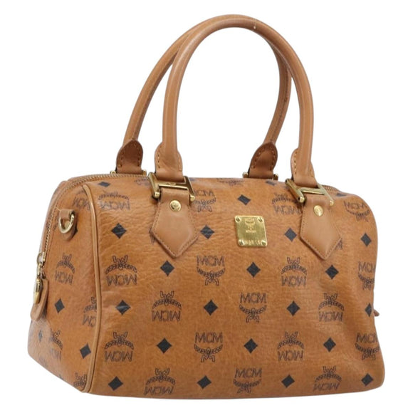MCM Vicetos Logogram Boston Bag PVC Leather Brown Gold Auth 215529