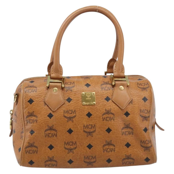 MCM Vicetos Logogram Boston Bag PVC Leather Brown Gold Auth 215529