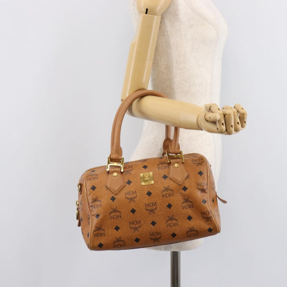 MCM Vicetos Logogram Boston Bag PVC Leather Brown Gold Auth 215529