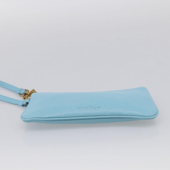 Salvatore Ferragamo Gancini Accessory Pouch Leather Light Blue Gold Auth 215537A