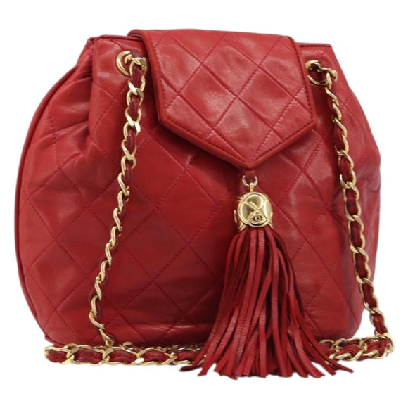CHANEL Matelasse Chain Shoulder Bag Lamb Skin Red Gold CC Auth 215581A