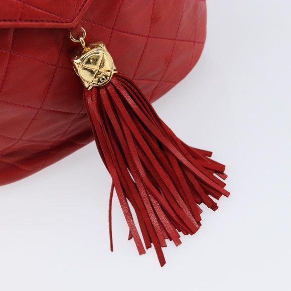CHANEL Matelasse Chain Shoulder Bag Lamb Skin Red Gold CC Auth 215581A