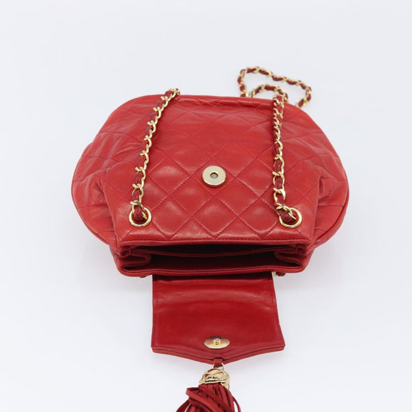 CHANEL Matelasse Chain Shoulder Bag Lamb Skin Red Gold CC Auth 215581A