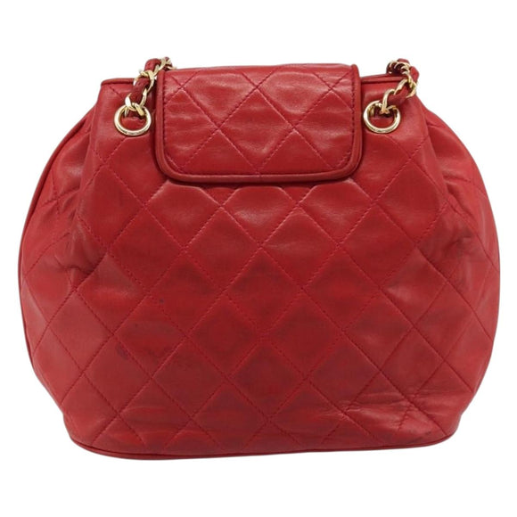 CHANEL Matelasse Chain Shoulder Bag Lamb Skin Red Gold CC Auth 215581A