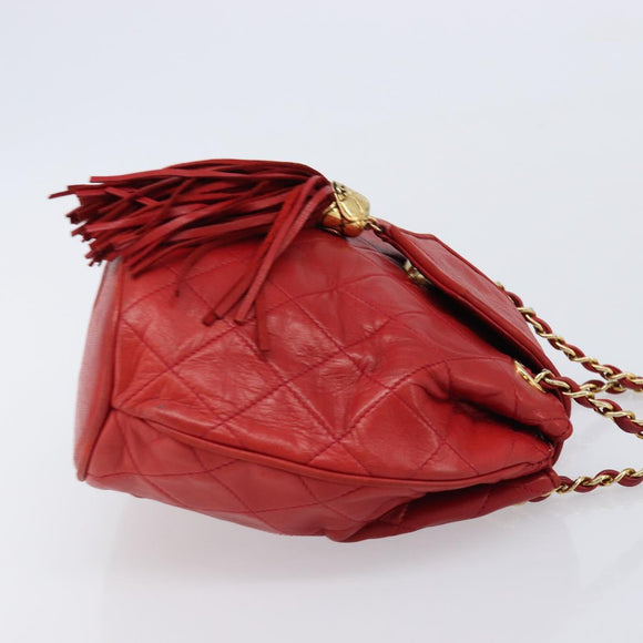 CHANEL Matelasse Chain Shoulder Bag Lamb Skin Red Gold CC Auth 215581A