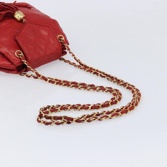 CHANEL Matelasse Chain Shoulder Bag Lamb Skin Red Gold CC Auth 215581A