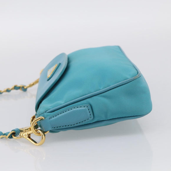 PRADA Chain Shoulder Bag Nylon Blue Gold Auth 215598V