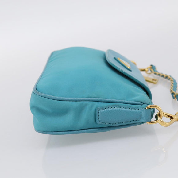 PRADA Chain Shoulder Bag Nylon Blue Gold Auth 215598V