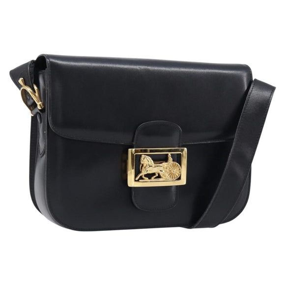 CELINE Horse Carriage Shoulder Bag Leather Black Gold Auth 215599V