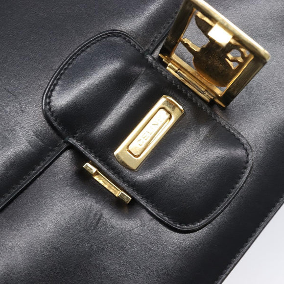 CELINE Horse Carriage Shoulder Bag Leather Black Gold Auth 215599V