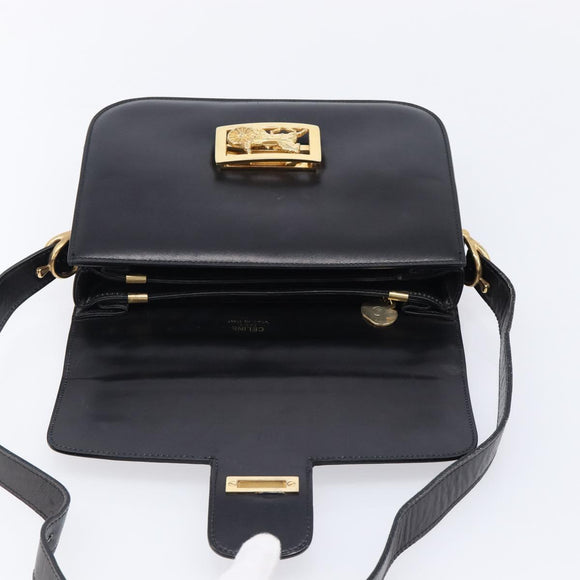 CELINE Horse Carriage Shoulder Bag Leather Black Gold Auth 215599V