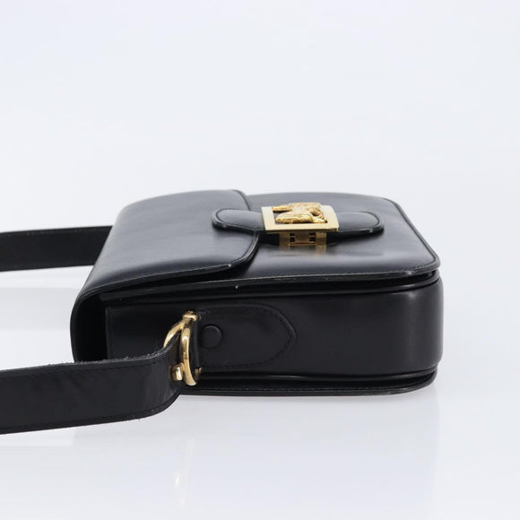 CELINE Horse Carriage Shoulder Bag Leather Black Gold Auth 215599V