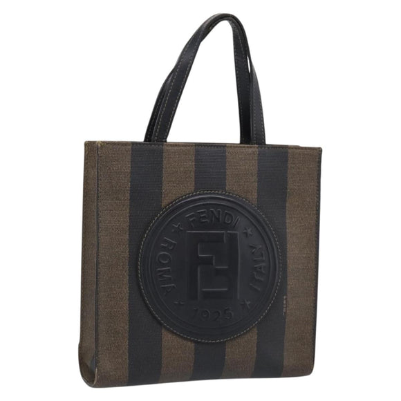 FENDI Pequin Canvas Hand Bag PVC Black Brown Auth 215603