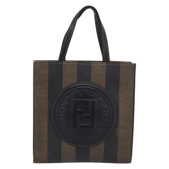FENDI Pequin Canvas Hand Bag PVC Black Brown Auth 215603
