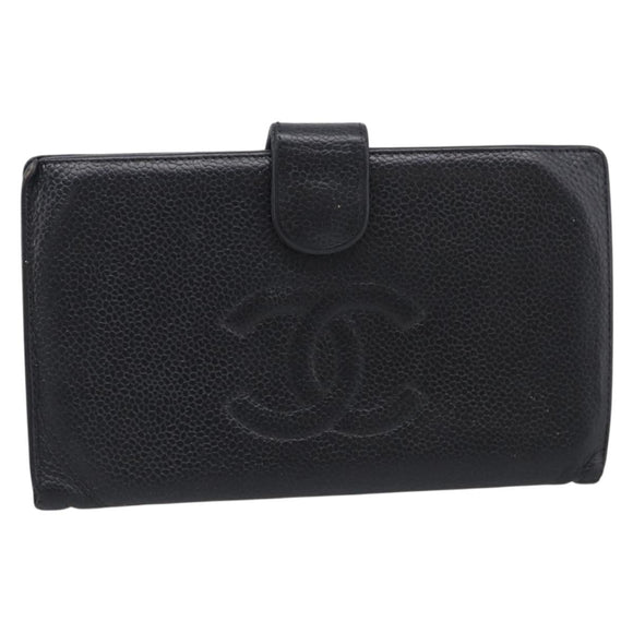 CHANEL Wallet Caviar Skin Black Gold CC Auth 215620