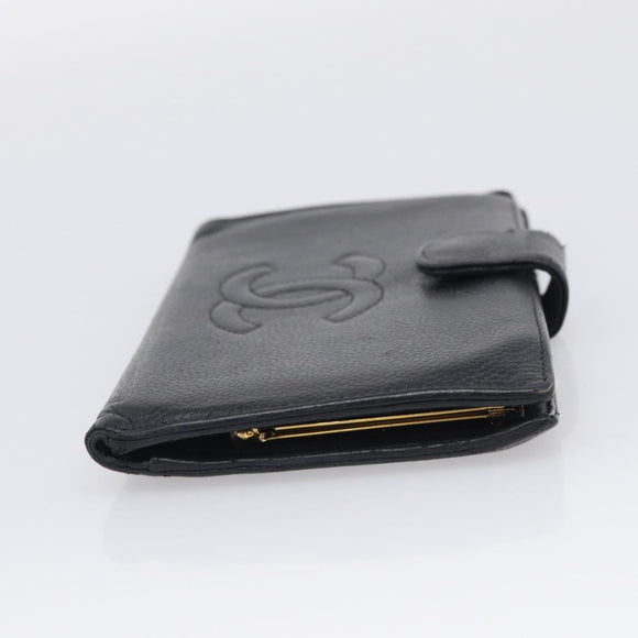 CHANEL Wallet Caviar Skin Black Gold CC Auth 215620