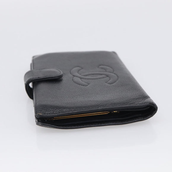 CHANEL Wallet Caviar Skin Black Gold CC Auth 215620