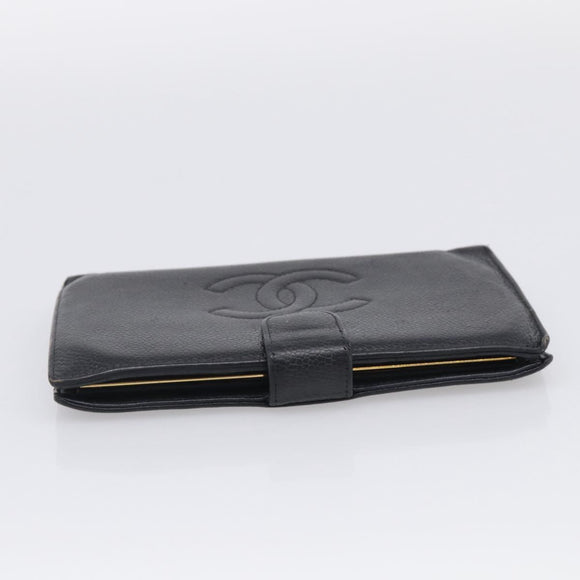 CHANEL Wallet Caviar Skin Black Gold CC Auth 215620