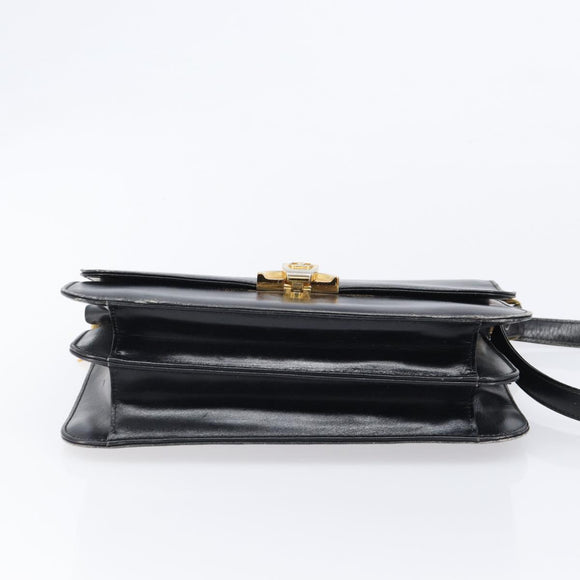 GUCCI Shoulder Bag Leather Black Gold Auth 215668