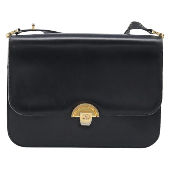 GUCCI Shoulder Bag Leather Black Gold Auth 215668