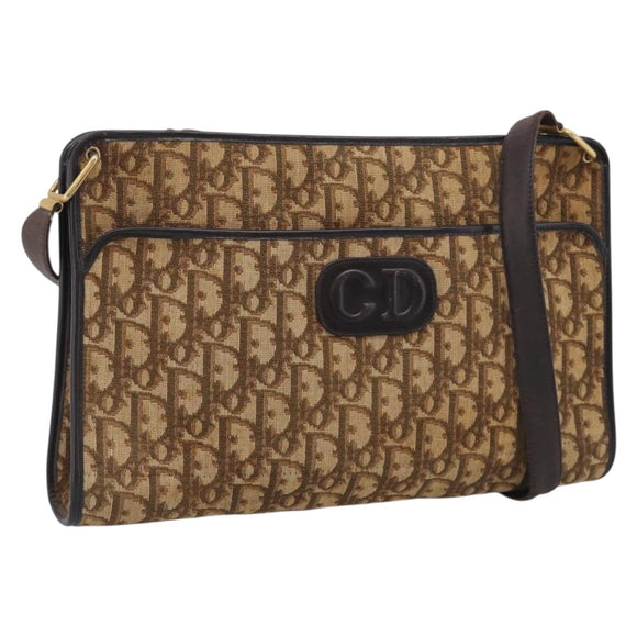 Christian Dior Trotter Canvas Shoulder Bag Beige Gold Auth 215669