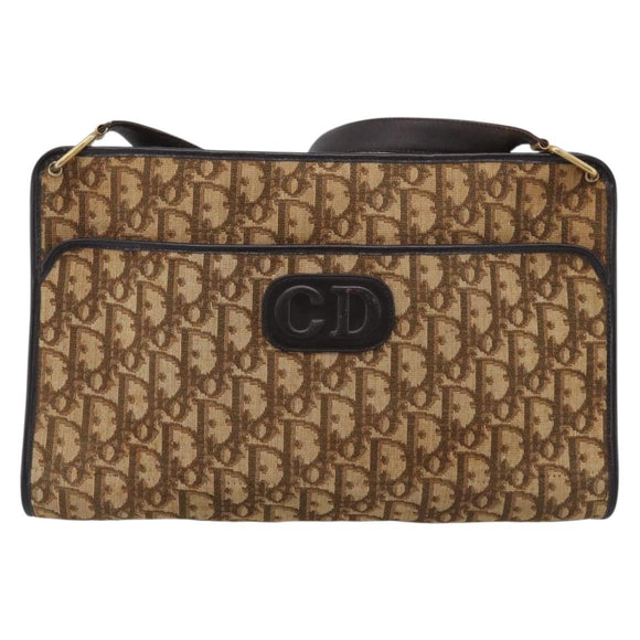 Christian Dior Trotter Canvas Shoulder Bag Beige Gold Auth 215669