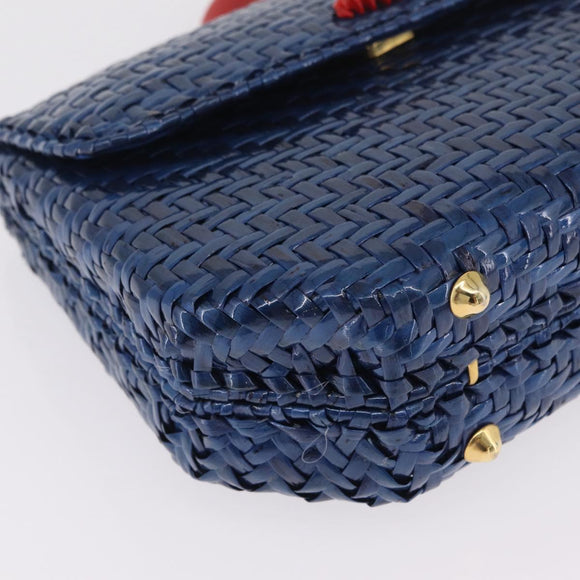 FENDI Macaroni Hand Bag Raffia Blue Gold Auth 215828A
