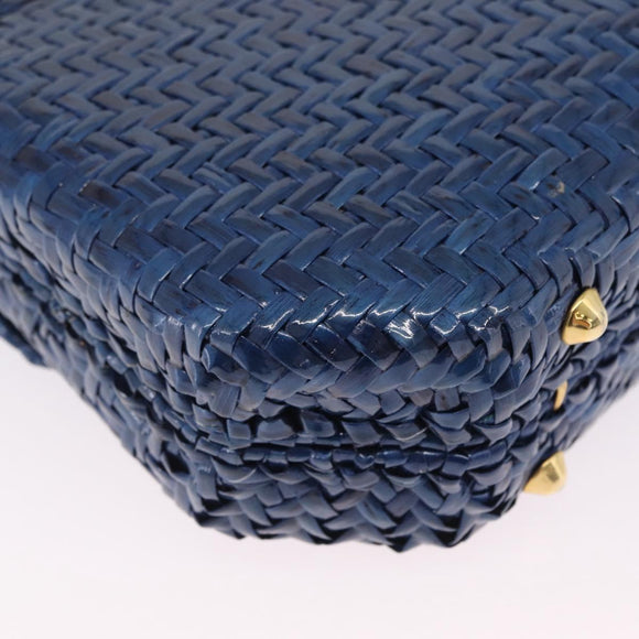 FENDI Macaroni Hand Bag Raffia Blue Gold Auth 215828A