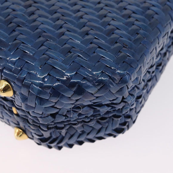 FENDI Macaroni Hand Bag Raffia Blue Gold Auth 215828A