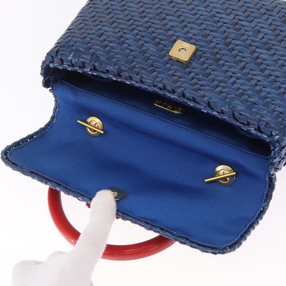 FENDI Macaroni Hand Bag Raffia Blue Gold Auth 215828A