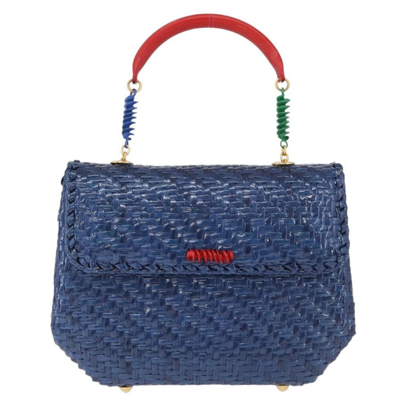FENDI Macaroni Hand Bag Raffia Blue Gold Auth 215828A