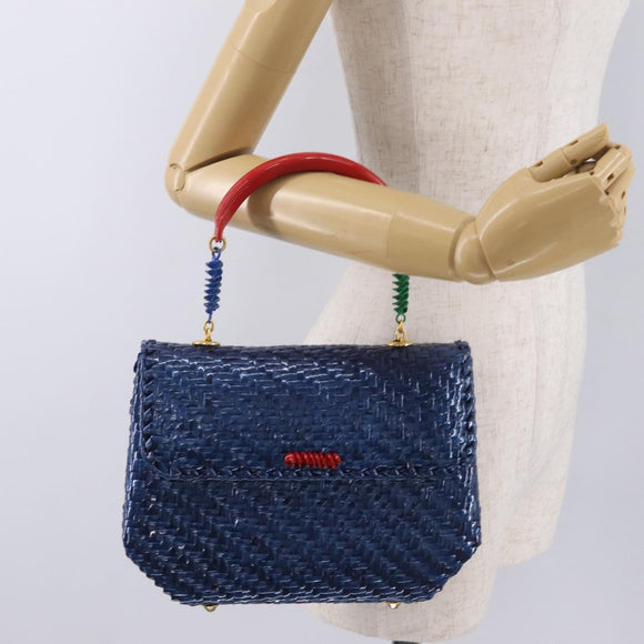 FENDI Macaroni Hand Bag Raffia Blue Gold Auth 215828A