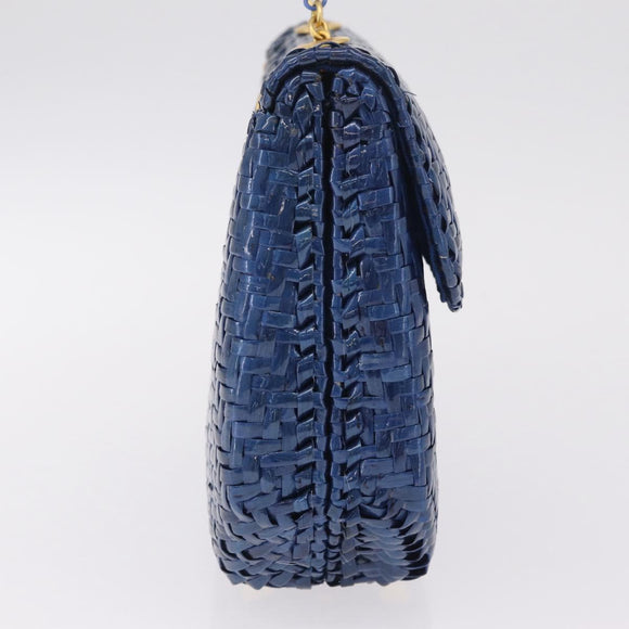 FENDI Macaroni Hand Bag Raffia Blue Gold Auth 215828A