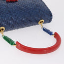 FENDI Macaroni Hand Bag Raffia Blue Gold Auth 215828A-7