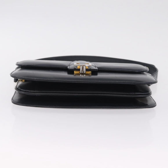 CELINE Shoulder Bag Leather Navy Gold Auth 216179