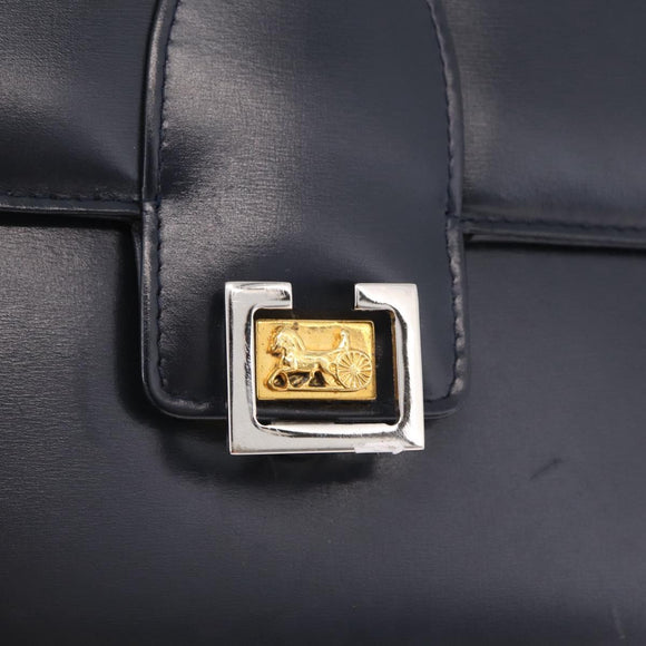 CELINE Shoulder Bag Leather Navy Gold Auth 216179