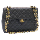 CHANEL Big Matelasse Flap Chain Shoulder Bag Calf Skin Black Gold CC Auth 25984SA-1
