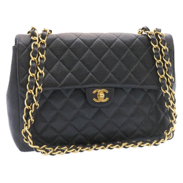 CHANEL Big Matelasse Flap Chain Shoulder Bag Calf Skin Black Gold CC Auth 25984SA