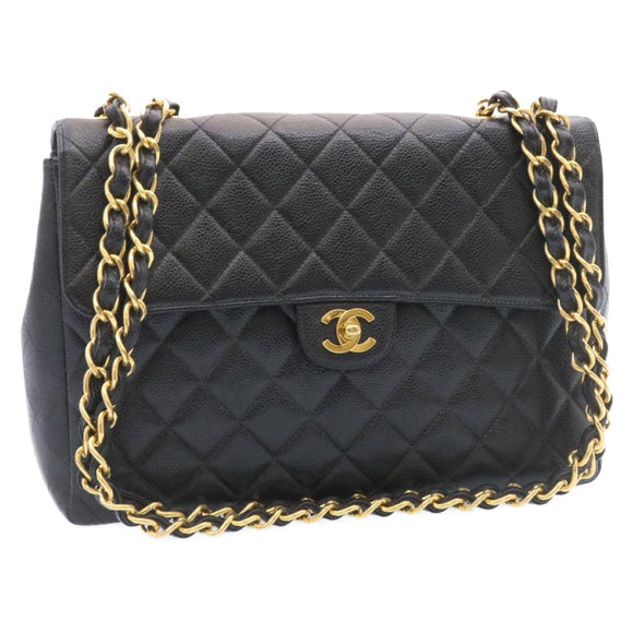 CHANEL Big Matelasse Flap Chain Shoulder Bag Calf Skin Black Gold CC Auth 25984SA