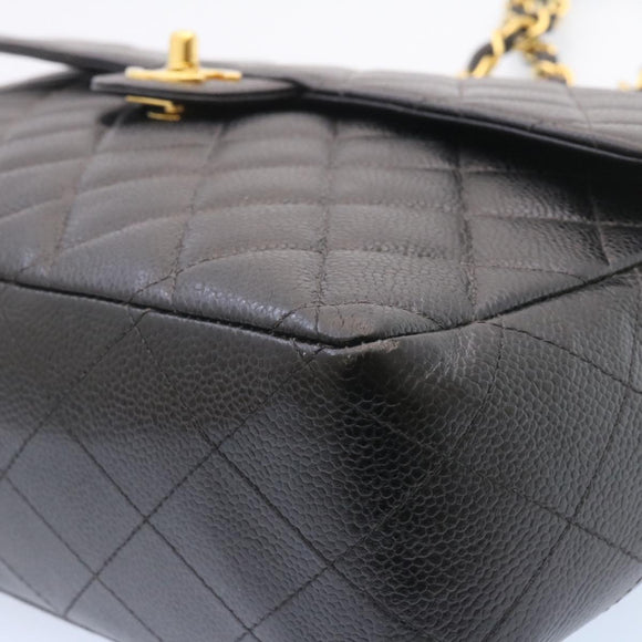 CHANEL Big Matelasse Flap Chain Shoulder Bag Calf Skin Black Gold CC Auth 25984SA