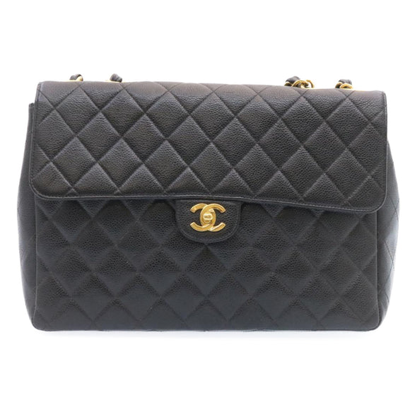 CHANEL Big Matelasse Flap Chain Shoulder Bag Calf Skin Black Gold CC Auth 25984SA