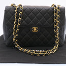 CHANEL Big Matelasse Flap Chain Shoulder Bag Calf Skin Black Gold CC Auth 25984SA-12