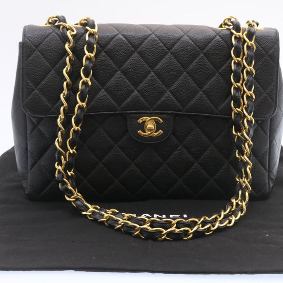 CHANEL Big Matelasse 34 Flap Chain Bag Caviar Skin Black Gold CC Auth 25984SA