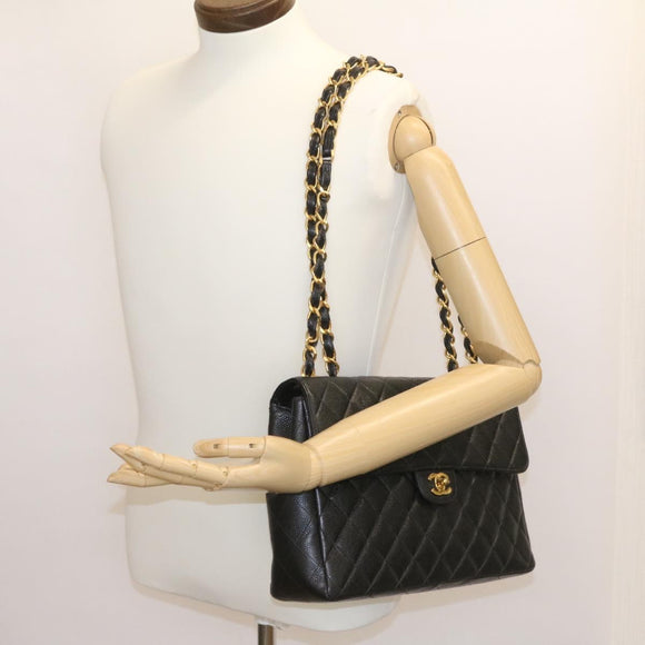 CHANEL Big Matelasse Flap Chain Shoulder Bag Calf Skin Black Gold CC Auth 25984SA