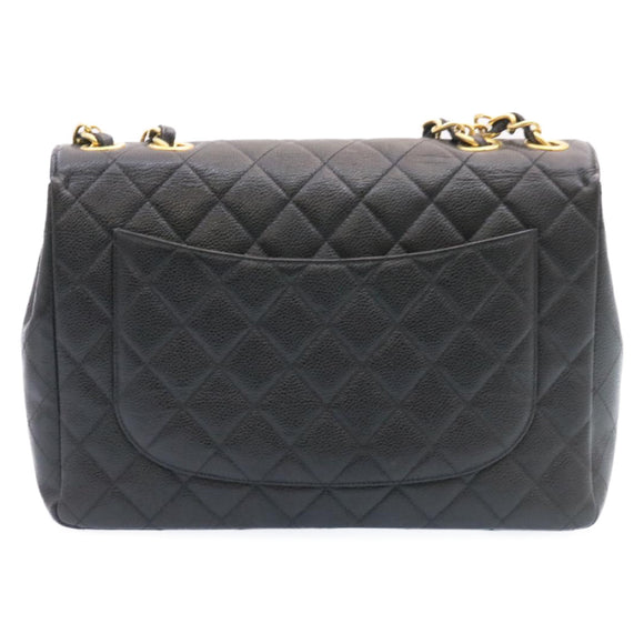 CHANEL Big Matelasse Flap Chain Shoulder Bag Calf Skin Black Gold CC Auth 25984SA