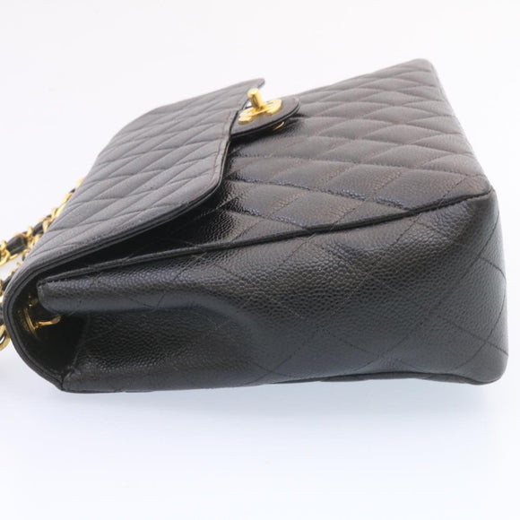 CHANEL Big Matelasse 34 Flap Chain Bag Caviar Skin Black Gold CC Auth 25984SA
