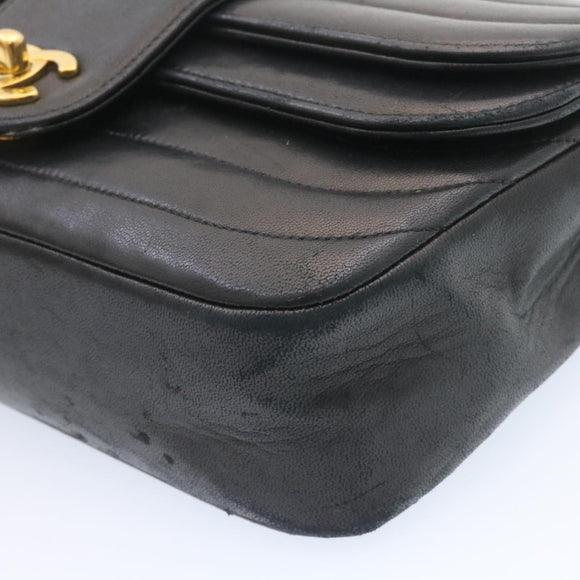 CHANEL Lamb Skin Double Flap Chain Shoulder Bag Black CC Auth 26207AV