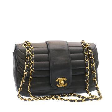 CHANEL Lamb Skin Double Flap Chain Shoulder Bag Black CC Auth 26207AV