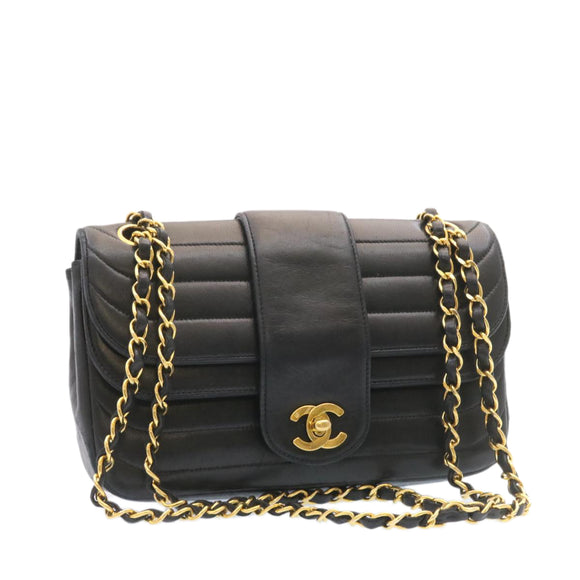CHANEL Lamb Skin Double Flap Chain Shoulder Bag Black CC Auth 26207AV